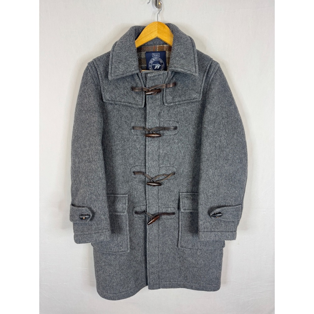Vintage Sears The Mens Store Gray Wool Plaid Lined Toggle Duffle Coat No Hood